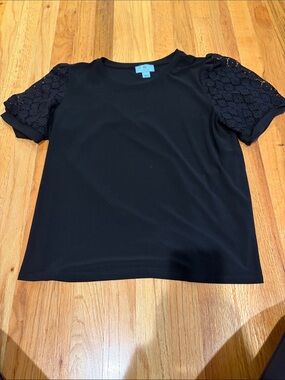 CeCe Black Short Sleeve Top with Lace Sleeves